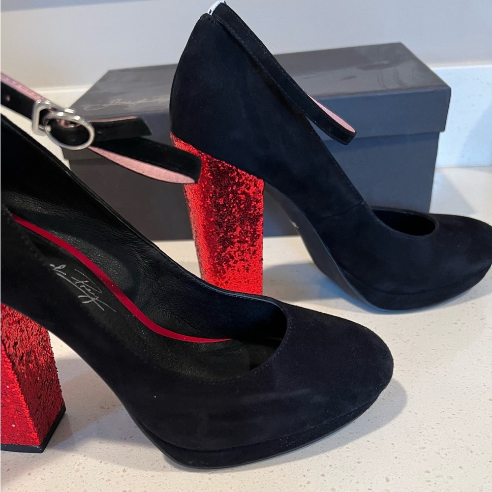 Shoes of Prey black custom made suede and red sparkle heels